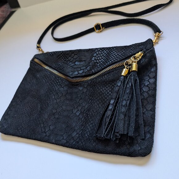 Gorgeous Vintage Italian black textured Leather Clutch/Crossbody Bag - Picture 4 of 16